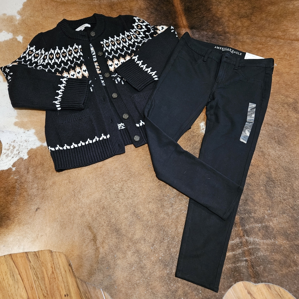 Loft Black Patterned Cardigan American Eagle Pants Set Sz 8 Medium Ann Taylor